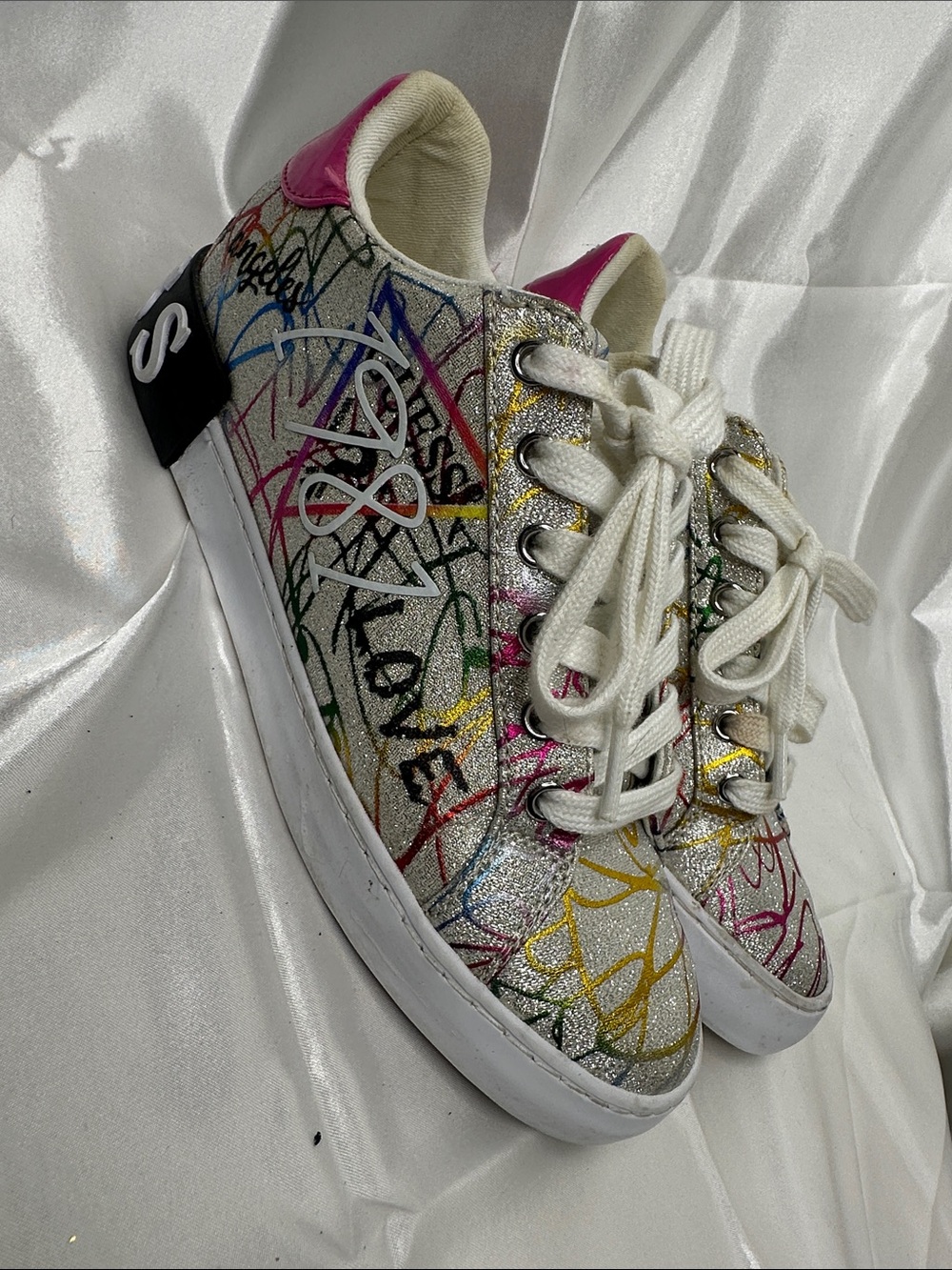 Guess Women’s Metallic Graffiti Lace-Up Sneakers - Silver Multi